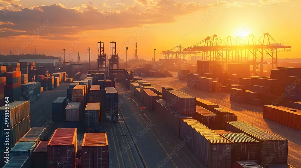 Poster sunset over a container port with cargo cranes and shipping containers