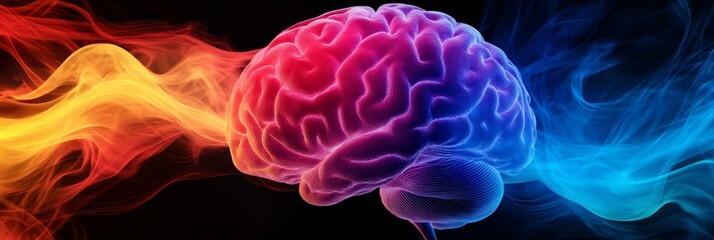 Obraz premium This image showcases a vibrant human brain, illuminated by colorful abstract smoke, representing creativity, knowledge, and thought. The contrasting colors symbolize the duality of thought, with warm 