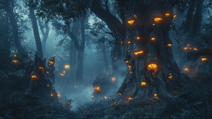 A dense foggy forest with glowing fungi growing at the base of ancient trees