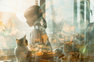 A girl is sitting with a cat in front of a window