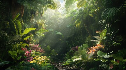 Fototapeta premium A dense rainforest with cascading vines and exotic plants