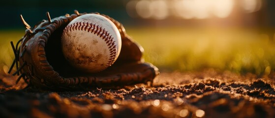 Closeup of a pitchers mound featuring a worn baseball glove and ball