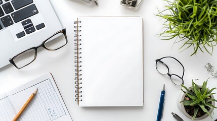 A blank notebook, a pencil, a pen, glasses and potted plants are on a white desk. The notebook is in the center of the image, and there are a pencil and a pen lying on the desk. 