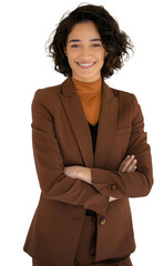 Business woman smiling with arms crossed, brown suit isolated on a transparent PNG background, white background , cut out, clipping path, Generative Ai