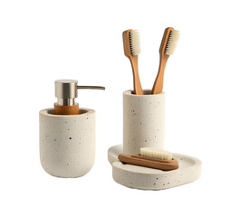 Toiletries, toothbrushes, dispensers isolated on a transparent PNG background, white background , cut out, clipping path, Generative Ai