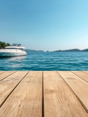 Fototapeta premium Wooden tabletop with blurred marina background, perfect for showcasing products, summer vibes, travel, coastal living, and relaxation.