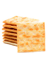 A stack of sweet crispy cracker sprinkled with sugar on top, set against a clean white background. The golden brown crackers create a simple yet appetizing display