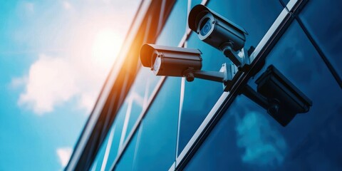 Security cameras mounted on a modern glass building.