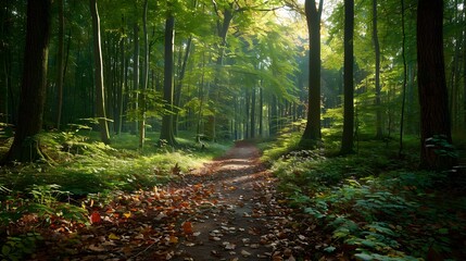 Obraz premium Serene Forest Path with Dappled Sunlight