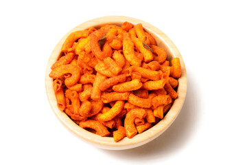 A bowl of crispy, deep-fried macaroni snack coated in spicy red seasoning. Crunchy, savory, and perfect for anytime snacking. Photographed on a white background.