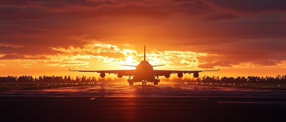 Airplane silhouette against a vibrant sunset sky.