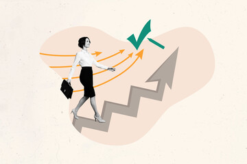 Composite photo collage of happy businesswoman walk promotion arrow ladder success checkmark approval isolated on painted background © deagreez