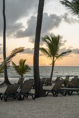 Beautiful tourist destination, beach on a summer day with palm trees and sunset in the background, scene of tranquility and peace