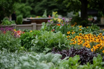 A vibrant display of vegetables and flowers in a community garden. The colorful array showcases the hard work