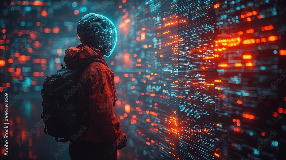 Poster futuristic ai hacker in digital server environment