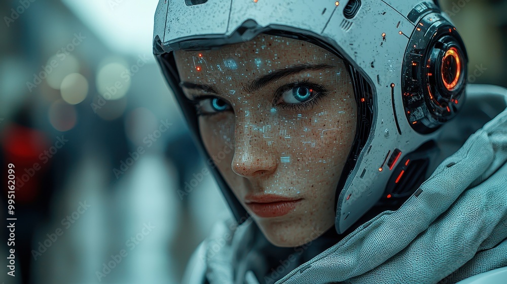 Poster futuristic robot with digital interface in modern setting