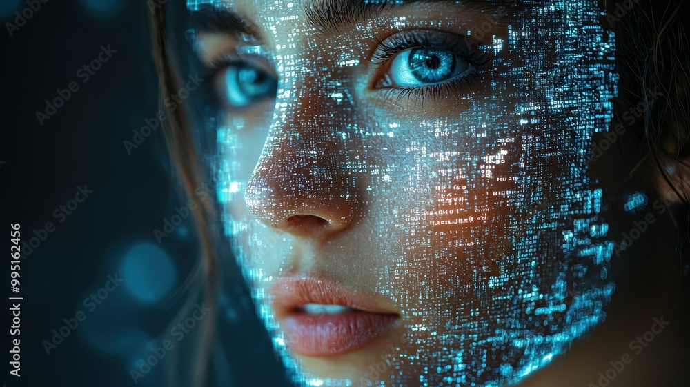 Poster abstract ai face with fragmented data visualization