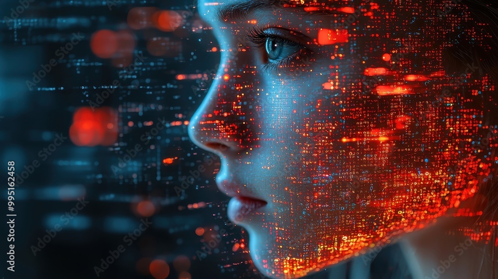 Poster abstract ai face composed of fragmented data