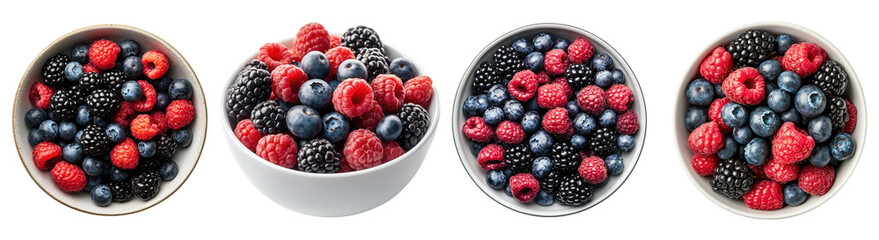 Collection of fresh mixed berries in a bowl isolated on white background