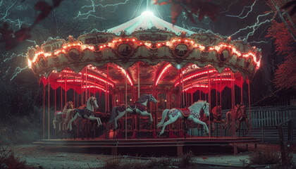 Abandoned Carousel Under a Stormy Sky