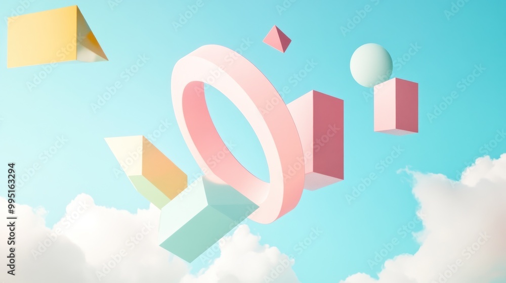 Poster a colorful composition of geometric shapes floating in a bright sky with clouds.