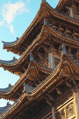 Fototapeta premium Traditional Chinese wooden pagoda, ancient architecture, intricate carvings, elevated layers with flying eaves, majestic and solemn, ancient wood colors, clear blue sky background, Shanxi-style, histo