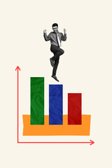 Vertical photo collage of happy businessman jump career development progress arrow up growth aim isolated on painted background