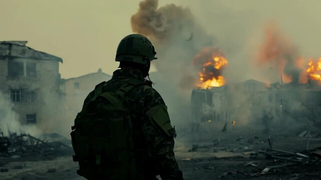 A soldier in a dirty uniform looks at destroyed burning houses. Silhouetted against the smoke, the soldier's stance is resolute, his gaze surveying the devastation.