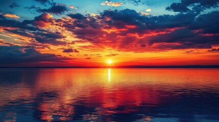 Obraz premium A dramatic sunset over the sea with clouds reflecting brilliant colors