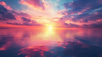 Obraz premium A dramatic sunset over the sea with clouds reflecting brilliant colors