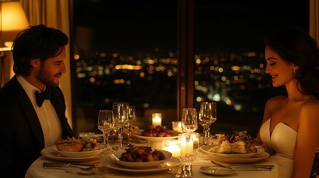A luxury hotel suite set for a private romantic dinner, elegant table with candles and gourmet dishes, soft ambient lighting, couple in formal attire enjoying the moment,