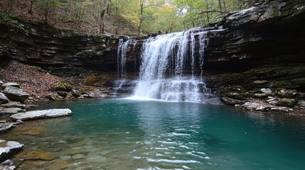 A dramatic waterfall cascading into a crystal-clear pool