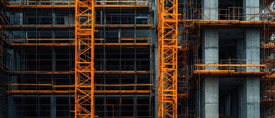 Construction site with scaffolding and building framework.