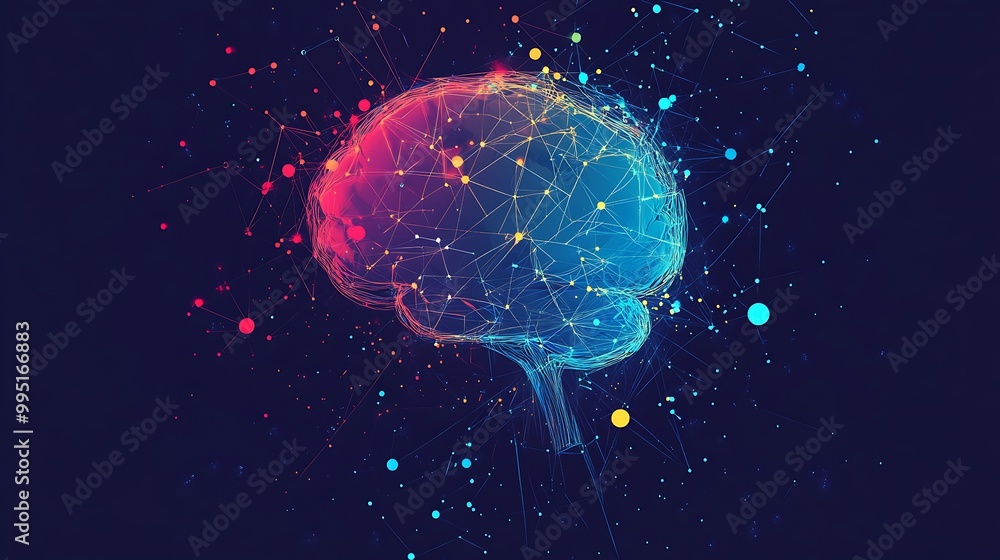 Poster Abstract digital brain with connected lines and dots on dark background.
