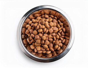 dog food kibble pieces in Stainless steel bowl, dry cat foods isolated on white background