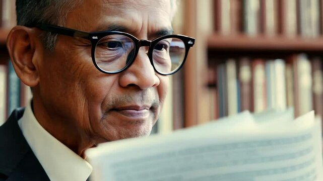 Old Asian man with eyeglasses reading the book in a library. With thoughtful focus, he delves into rich narratives.