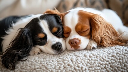 Fototapeta premium Cavalier King Charles Spaniels Cozy Together, Two affectionate spaniels nestled on a plush cushion, their soft ears gently entwined, exuding warmth and companionship.