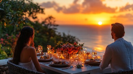 A private balcony dinner at sunset, table elegantly set with candles and flowers, couple enjoying a gourmet meal, soft orange and pink hues in the sky, ocean visible in the distance,