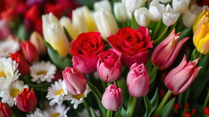 Obraz premium Fresh Cut Flowers: Includes bouquets of roses, lilies, tulips, and daisies arranged in diverse styles, offered in seasonal varieties and various color schemes. 