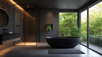 Modern bathroom with black freestanding tub, shower stall, and large window overlooking lush green foliage.