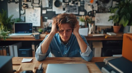 Young man looks stressed while working at his cluttered desk surrounded by papers and plants during the day in a creative workspace