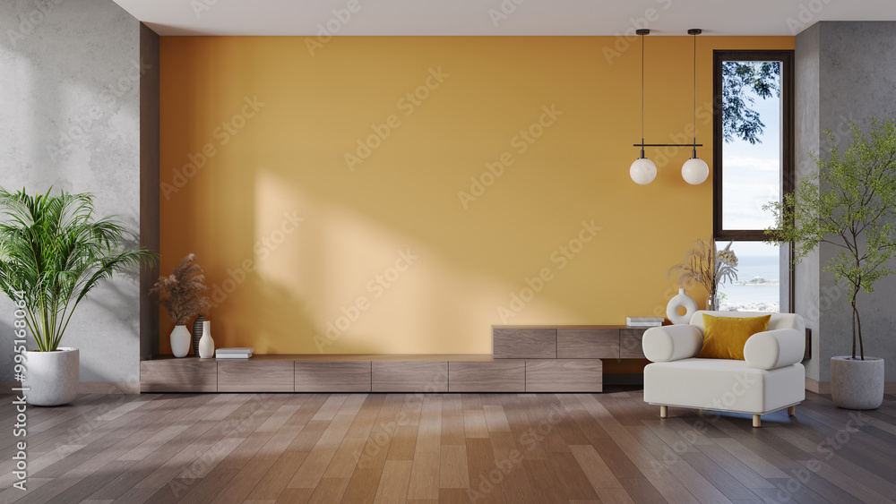 Wall mural modern mid-century interior living room with white sofa and wooden tv cabinets on yellow wall .3dren