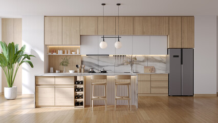Modern scandinavian  kitchen room interior, with wooden cabinets  and contemporary dinning island with plants and wood floor.3d render © LEKSTOCK 3D