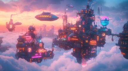 Fototapeta premium A floating city above the clouds, with neon-lit buildings and airships flying overhead