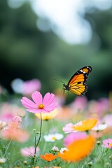 A butterfly landing on a flower in the community garden. The vibrant ecosystem attracts beneficial insects