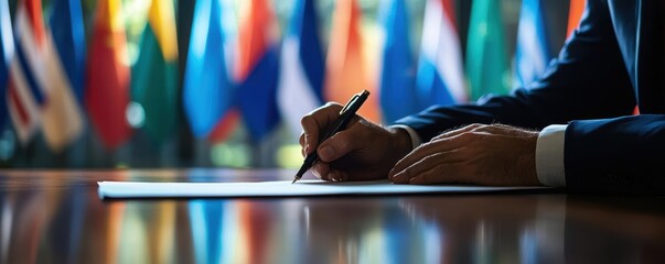 Hand signing document in front of international flags.