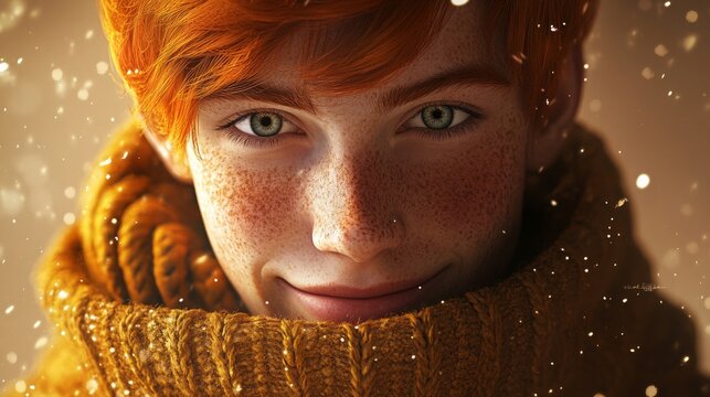 Vibrant Portrait of a Smiling Young Man, featuring bright red hair and freckles, dressed in a cozy sweater, exuding warmth and approachability in a detailed depiction.