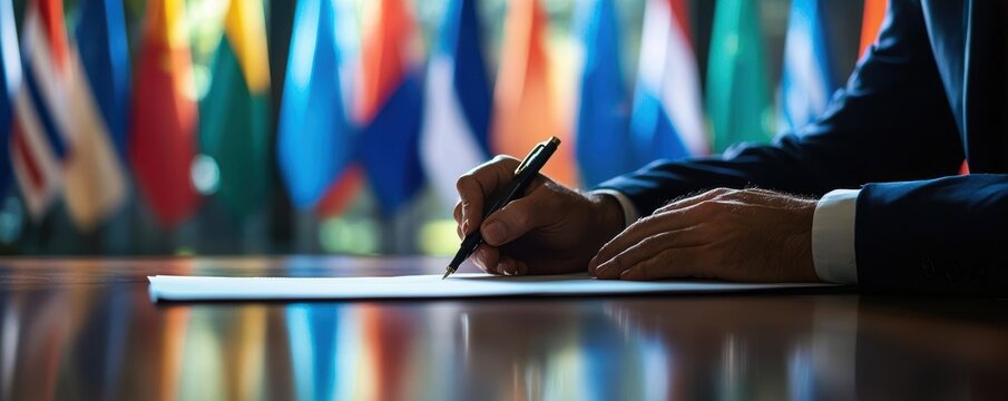 Hand signing document in front of international flags.