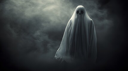 A ghost costume with a tattered white sheet, floating eerily in the wind with hollow eyes