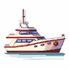 Pixelated game art 16 bit design of a yacht boat sailing on a white background